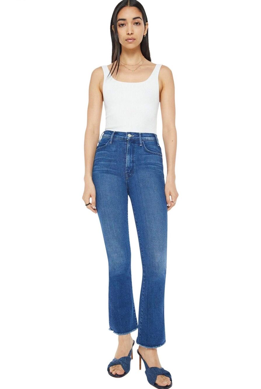 MOTHER The Hustler Flood Fray Jeans Size 24 High Rise Cropped Flare Raw Hem